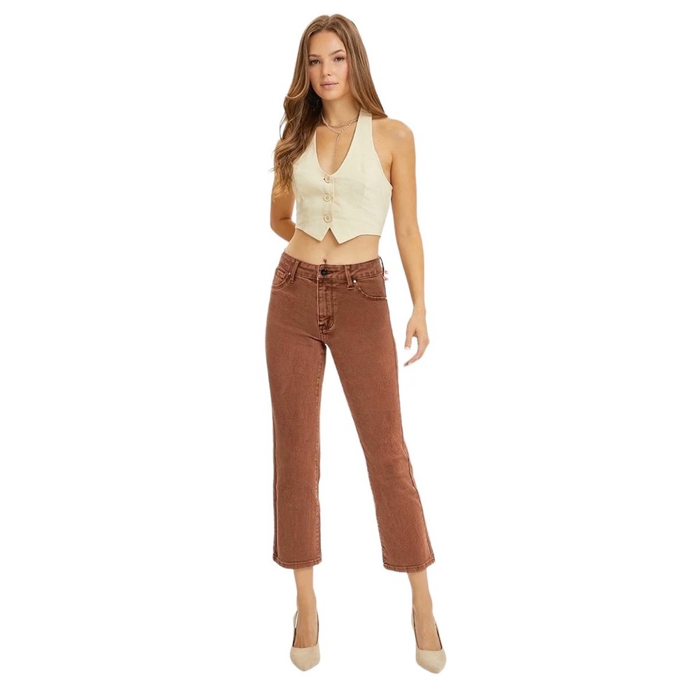 Risen | Angela Mid Rise Straight Crop Jeans in Espresso Size 9/29